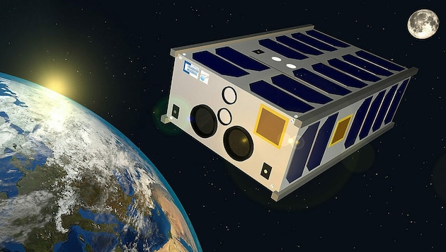 Künstlerische Illustration: Der Mini-Satellit SONATE-2 im Erdorbit (Bild: Universität Würzburg/Hakan Kayal)