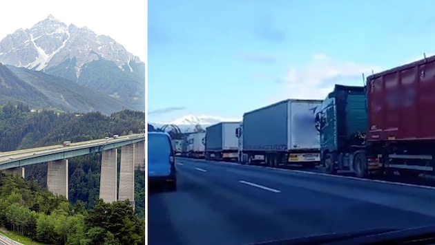 Der Zwischenfall auf der Europabrücke sorgte für einen langen Lkw-Stau, der bis weit auf die A12 zurückreichte. (Bild: Christof Birbaumer (Archivbild), zVg, Krone KREATIV)