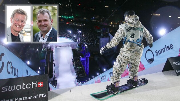 Arno Arthofer (li.) und Dieter Mörtl sind vom Big-Air-Event im Wörthersee Stadion begeistert! (Bild: Gepa)