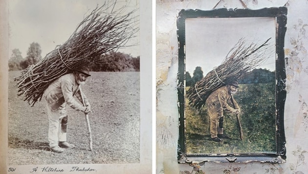 Links das Originalbild, rechts die kolorierte Version auf dem legendären Led-Zeppelin-Albumcover (Bild: Wiltshire Museum, gemeinfrei, Krone KREATIV)