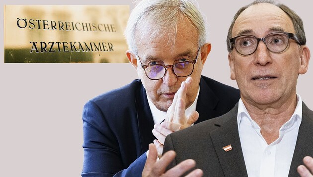 Ärztekammerpräsident Steinhart und Gesundheitsminister Rauch werden sich in den kommenden Wochen ein hartes Match liefern. (Bild: APA/TOBIAS STEINMAURER, APA/EVA MANHART, Krone KREATIV)