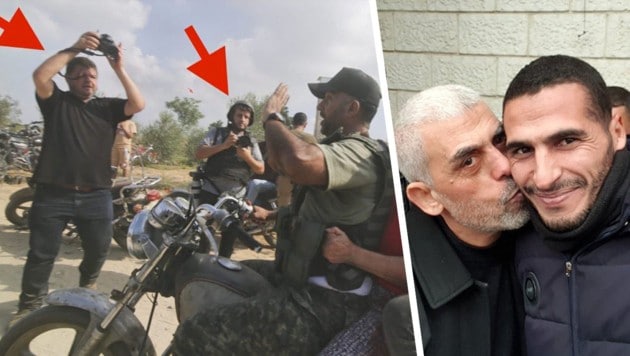 Fotograf Hassan Eslaiah war beim Anschlag am 7. Oktober ganz nah am Geschehen - weil er über die Pläne der Hamas informiert war? (Bild: twitter.com/ShamirIdit, Krone KREATIV)