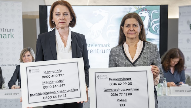 Die Landesrätinnen Simone Schmiedtbauer (links) und Doris Kampus appellieren, die Notfallnummern zu nutzen. (Bild: steiermark.at/binder)