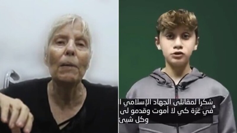 Bei den Geiseln in den Videos soll es sich um die 77-jährige Hanna Katzir sowie um den 13 Jahre alten Buben Yagil Yaakov handeln. (Bild: Screenshots twitter.com)