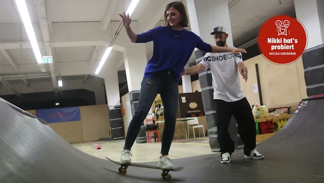 „Krone“-Redakteurin Nicole Greiderer hat sich auf dem Skateboard versucht