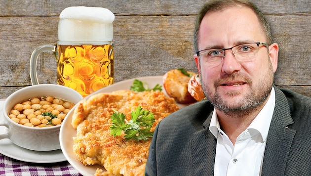 FPÖ-Nationalrat Christian Hafenecker lädt zu Suppe und Schnitzel. (Bild: Gerhard Bartel, stock.adobe.com, Krone KREATIV)