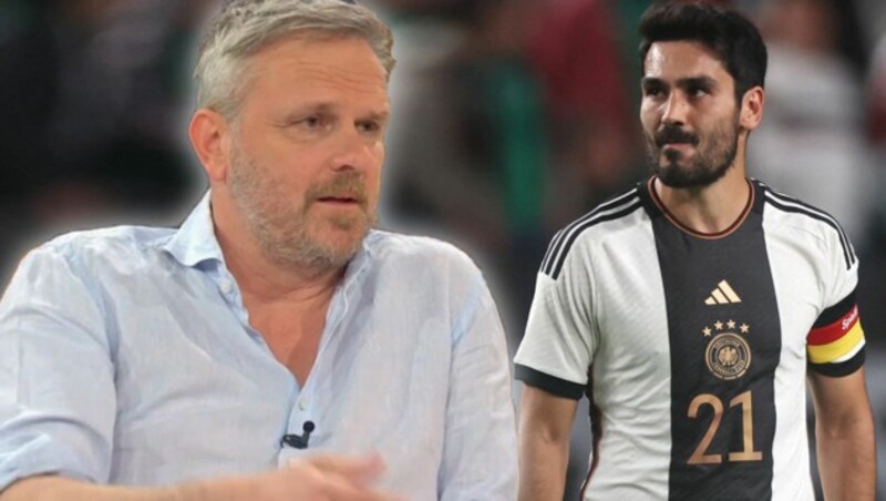 „Sky“-Experte Didi Hamann wettert gegen DFB-Kapitän Ilkay Gündogan. (Bild: Sky, APA/Getty Images via AFP/GETTY IMAGES/ALEX GRIMM, krone.at-kreativ)