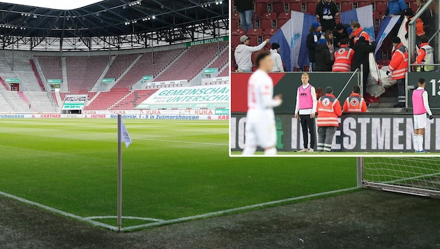 Bei der Bundesliga-Partie zwischen Augsburg und Hoffenheim kam es zu unschönen Szenen. (Bild: GEPA pictures, Screenshot twitter.com/tagesschau, krone.at-kreativ)