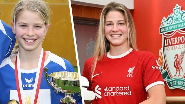 Marie Therese Höbinger glänzte schon als 11-Jährige beim „Krone“-Hallencup. Zehn Jahre später läuft die Nationalteam-Leistungsträgerin für den FC Liverpool auf. (Bild: Zwefo, FC Liverpool, Krone KREATIV)