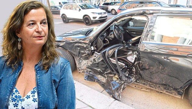 Das Wrack des Todesrasers. Der Lenker war zuvor mit 106 km/h in den Wagen einer Unbeteiligten gekracht - die Mutter starb. Das Urteil nun empört Stadträtin Ulli Sima (SPÖ). (Bild: Andi Schiel, Tomschi Peter, Krone KREATIV)