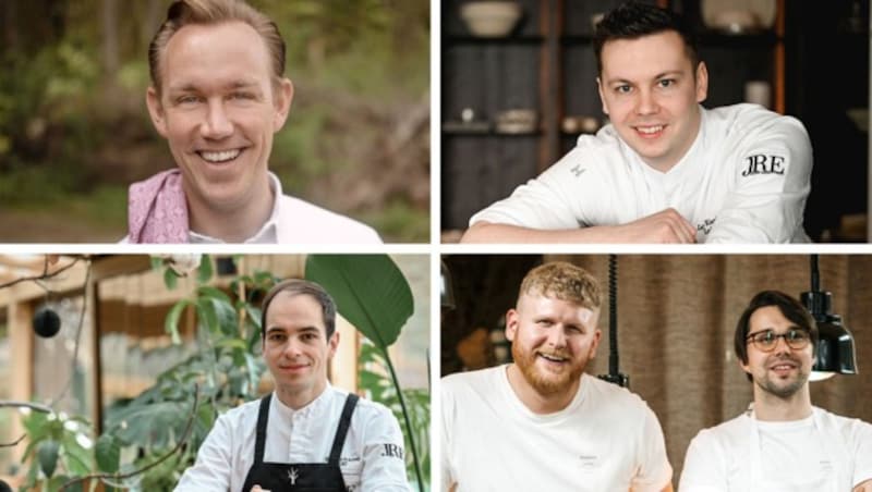 Mit vier Hauben ausgezeichnet: Manuel Grabner (l.o.), Klemens Schraml (l.u.), Lukas Kienbauer (r.o.), sowie Marco Barth und Sebastian Rossbach. (Bild: Restaurant Holzpoldl, Markus Wenzel (2), Gletscher, Krone KREATIV)