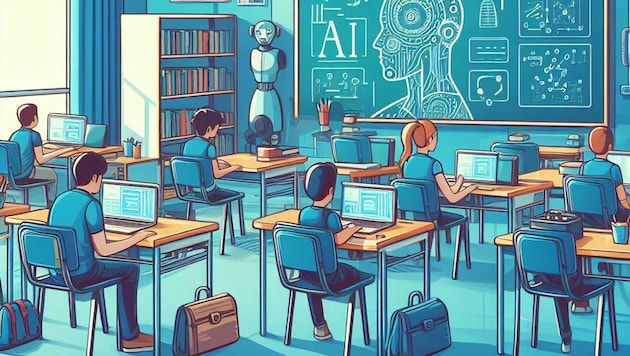 KI-generiertes Symbolbild: Vorgabe für den Algorithmus war, eine „Illustration des Klassenzimmers einer KI-Schule“ anzufertigen.  (Bild: Microsoft Bing Image Creator - unterstützt durch DALL-E 3)