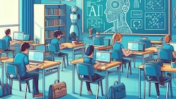 KI-generiertes Symbolbild: Vorgabe für den Algorithmus war, eine „Illustration des Klassenzimmers einer KI-Schule“ anzufertigen.  (Bild: Microsoft Bing Image Creator - unterstützt durch DALL-E 3)