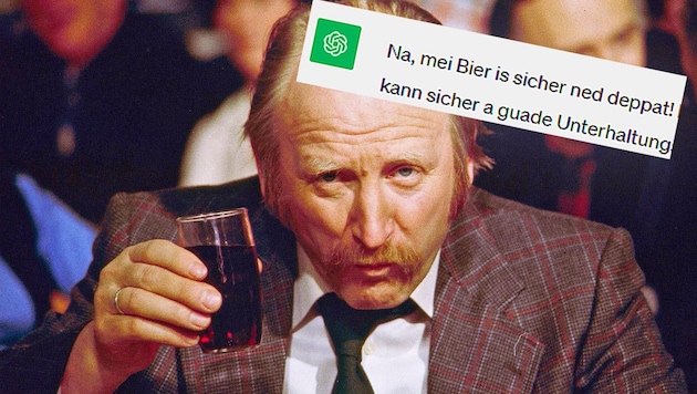 „Mei Bier is sicher ned deppat“, ChatGPT hat sich die sprachlichen Angewohnheiten der Filmfigur Edmund Sackbauer angeeignet. (Bild: Screenshot: Open First Look / picturedesk.com, Krone KREATIV)