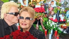 Kurz blinzelte am regnerischen Mittwoch die Sonne durch: Die Grabstätte von Heinos Hannelore auf dem Friedhof in Kitzbühel. (Bild: APA/dpa/Horst Ossinger Foto-Graf, Krone KREATIV)