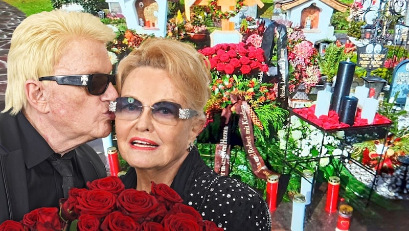 Kurz blinzelte am regnerischen Mittwoch die Sonne durch: Die Grabstätte von Heinos Hannelore auf dem Friedhof in Kitzbühel. (Bild: APA/dpa/Horst Ossinger Foto-Graf, Krone KREATIV)