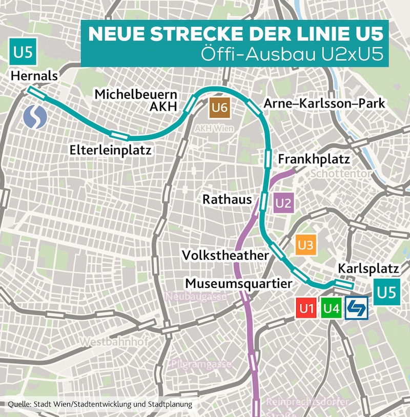  Türkis: Die neue U5.  Diese Strecke ist geplant. (Bild: Krone KREATIV, openstreetmap.contributors)