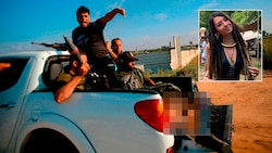 Militante Palästinenser fahren mit der Leiche von Shani Louk in den Gazastreifen zurück. Welcher dieser Männer die 22-Jährige getötet hat, ist unklar. (Bild: AP, Krone KREATIV)