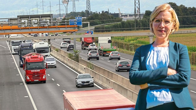 Ministerin Leonore Gewessler hat die Planungen für eine dritte Fahrspur gestoppt. (Bild: Christian Jauschowetz, Cajetan Perwein, Krone KREATIV)