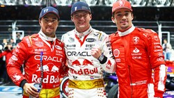 Sieger Max Verstappen (Mitte) mit dem Zweitplatzierten Charles Lecler (rechts) und dem Dritten Sergio Perez (Bild: AP)