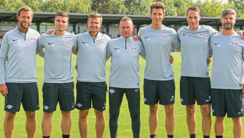 Bei Red Bull Leipzig lernte Klauß (2. voinst von Jesse Marsch und Österreichs Teamchef Ralf Rangnick. (Bild: Hendrik Schmidt / dpa / picturedesk.com)