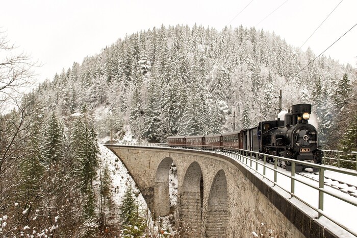 Mit dem Dampfzug Mh.6 durch die winterliche Landschaft.