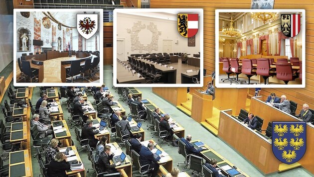 Während in Niederösterreich ein „Luxus-Landtag“ geplant ist, bemühten sich andere Bundesländer um kostenschonende Varianten. (Bild: Buchhart L. Tirol L.Salzburg L.Oberösterreich Krone KREATIV,)