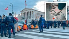 Gegen 15.30 Uhr versammelten sich Mitglieder der Letzten Generation am Ring, um sich vor dem Parlament festzubetonieren. (Bild: Letzte Generation AT Krone KREATIV,)