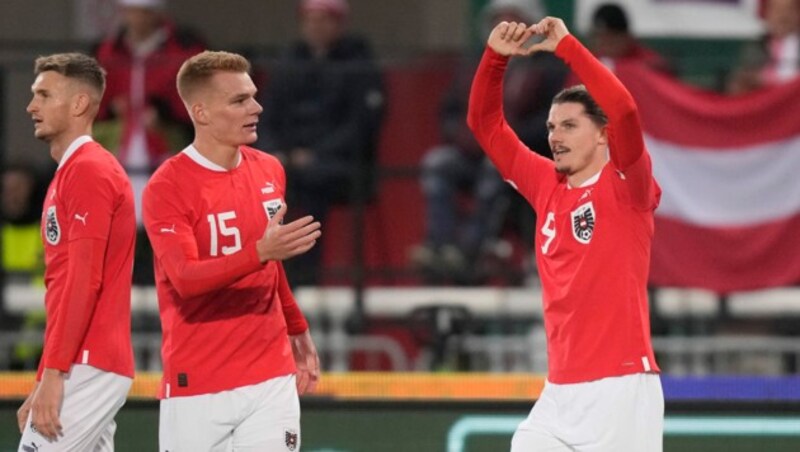 Marcel Sabitzer (r.) traf zum 1:0. (Bild: AP Photo/Matthias Schrader)