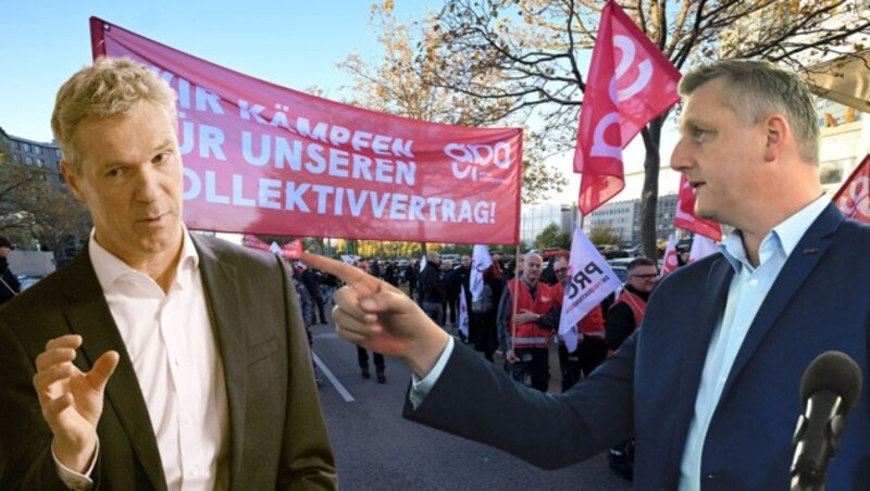 Verhärtete Fronten: Christian Knill (Sprecher der Arbeitgebervertreter, li.) und Reinhold Binder (Verhandlungsführer der Arbeitnehmer) (Bild: Krone KREATIV,)