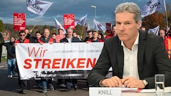 KV-Verhandlungsleiter Christian Knill (Obmann der Metalltechnischen Industrie in der Wirtschaftskammer) hat eine klare Position zu den aktuellen Streiks in der Metallbranche. (Bild: APA, Krone KREATIV)