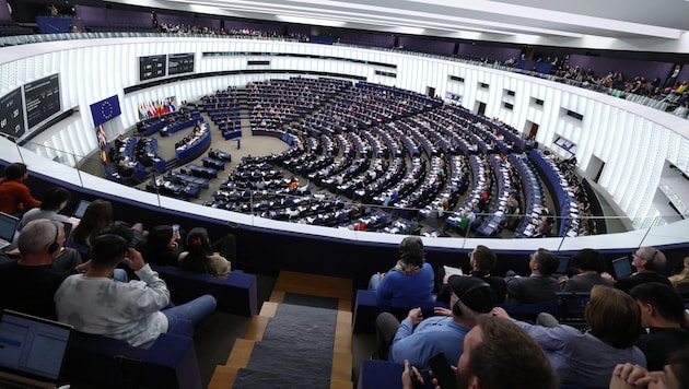 523 MEPs in Strasbourg were in favor, 46 against and 49 abstained. (Bild: APA/AFP/FREDERICK FLORIN)