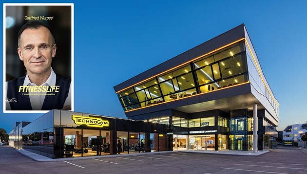 Die Technogym-Österreich-Zentrale in Leonding - das Revier von Gottfried Wurpes. Wir verlosen sein Buch „Fitnesslife“ (Cover im kleinen Bild). (Bild: Fitness Company, Mirja Geh)