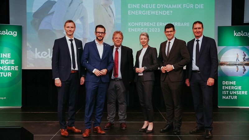 Vorstand Danny Güthlein, Landesrat Sebastian Schuschnig, Aufsichtsratvorsitzender Gilbert Isep, LH-Stvin. Gaby Schaunig, LH-Stv. Martin Gruber und Vorstand Reinhard Draxler bei der Kelag-Konferenz Erneuerbare Energie.  (Bild: Kelag)