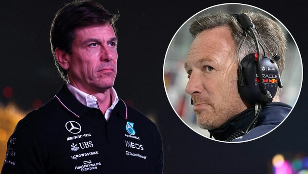 Verbaler Schlagabtausch zwischen Teamchefs: Toto Wolff (li.) stichelt gegen Christian Horner (re.). (Bild: 2023 Getty Images, ASSOCIATED PRESS, krone.at-kreativ)