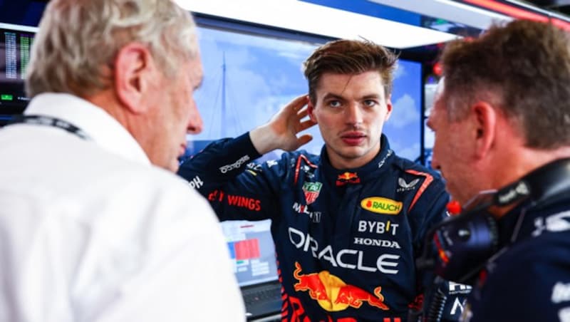 Helmut Marko, Max Verstappen und Christian Horner (Bild: 2023 Getty Images)