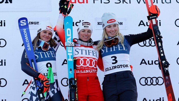 Alice Robinson (NZL), Lara Gut-Behrami (SUI) und Mikaela Shiffrin (USA).