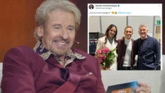 Thomas Gottschalk hatte auch in seiner letzten Sendung so einige Versprecher drin. Der leidtragende Bastian Schweinsteiger nahm‘s mit Humor. (Bild: Philipp von Ditfurth / dpa / picturedesk.com, twitter.com/BSchweinsteiger, krone.at-kreativ)