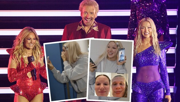 Shirin David (ganz rechts) beim „Wetten, dass ...“-Auftritt mit Helene Fischer bei Thomas Gottschalk - eine Woche zuvor machte sie Erling Haaland atemlos. (Bild: Reuters, Instagram.com/shirindavid)