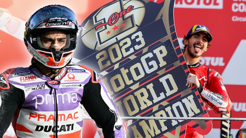 Jorge Martin (l.) musste 2023 zusehen, wie Pecco Bagnaia (r.) zum zweiten Mal zum Weltmeister gekrönt wurde. (Bild: APA/AFP/JAVIER SORIANO, AP/Alberto Saiz)