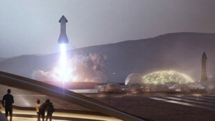 Konzeptgrafik von SpaceX: Eine Starship-Rakete im Hintergrund einer Mars-Kolonie, im Vordergrund tummelt sich eine Kolonistenfamilie. Aber ist dieses Bild realistisch? (Bild: SpaceX)