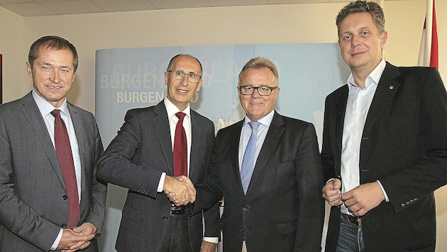 Im Oktober 2016 präsentierten der damalige Landeshauptmann Hans Niessl, Wirtschaftslandesrat Alexander Petschnig und Landesholding-Chef Hans Peter Rucker Werner Unger als neuen Südburgenland-Manager. (Bild: LMS)