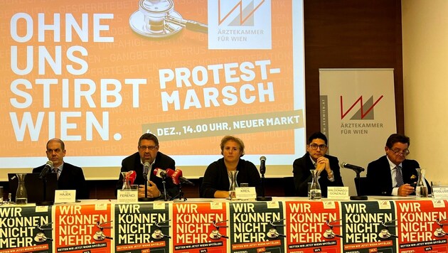 Meinungsforscher Peter Hajek, die Ärztevertreter Stefan Ferenci, Anna Kreil, Eduardo Maldonado-González und Belegschaftsvertreter Peter Poslussny (Bild: Lukas Zimmer)