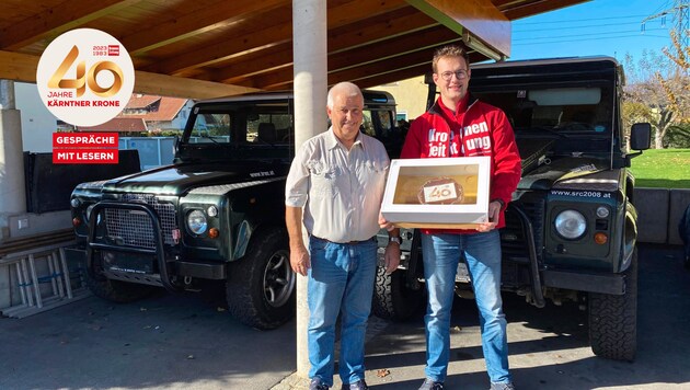 Autofan Walter Moitzi mit „Krone“-Promoter Sebastian (Bild: Manuela Karner)