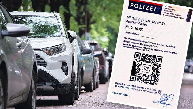 So sehen die falschen Strafzettel aus. Der abgebildete QR-Code wurde von der Polizei aus Sicherheitsgründen verändert. (Bild: stock.adobe.com, LPD Wien, Krone KREATIV)