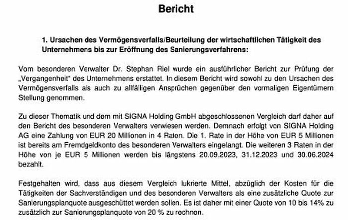 Auszug aus dem Bericht des Kika/Leiner-Masseverwalters vom 22. September 2023