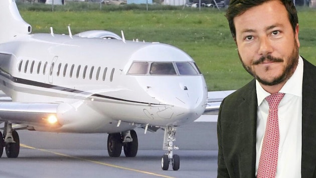 In der Welt herumjetten im Privatjet? Damit ist jetzt mal für René Benkos Signa Schluss. (Bild: Kronen Zeitung/Christof Birbaumer, APA/Roland Schlager, Krone KREATIV)