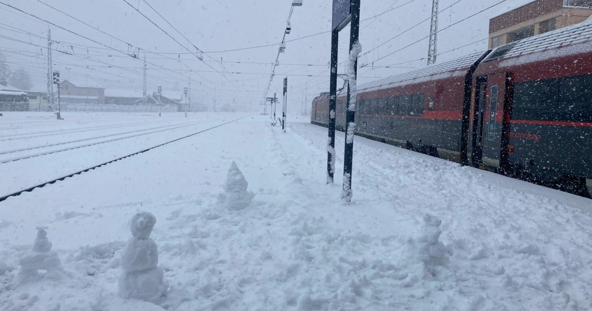 02. Dezember 14:45 - Zug blieb stecken, Passagiere bauten Schneemänner