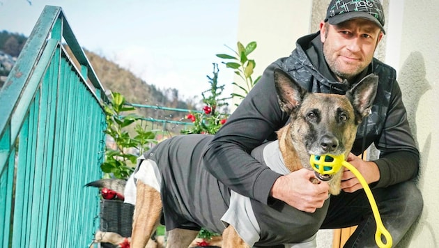 Hannes N. mit seiner Malinois-Hündin „Chelsea“. „Sie hat mein Leben gerettet. Jetzt muss ich ihres retten.“ (Bild: Sepp Pail)