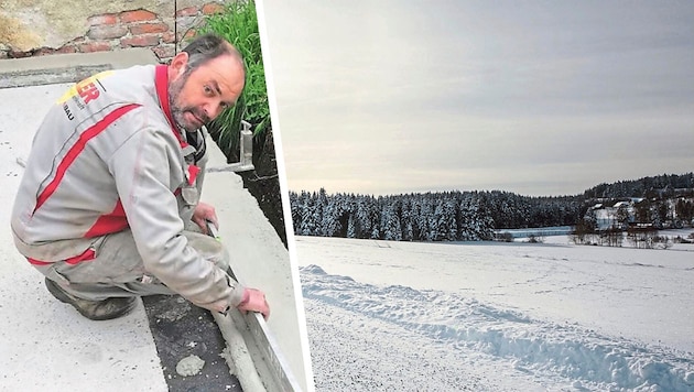 Der Skoda von Erwin M. (links) kam von der Straße ab und blieb im Schnee stecken (rechts). (Bild: Klaus Schindler, Krone KREATIV)
